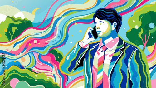 Colorful Abstract Artwork with Man Talking on Phone