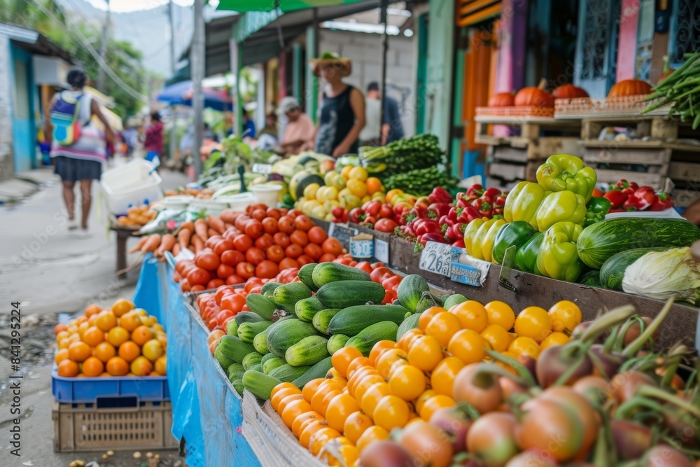 A vibrant street market bustling with activity, showcasing a variety of fresh produce and colorful goods.