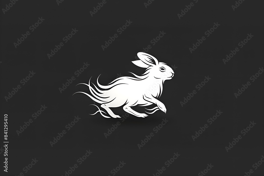 White rabbit on black background, a stylized white hare in motion against a dark background, mid-leap, with elongated, flowing fur trailing behind, speed and dynamism, sleek form White rabbit on black background, a stylized white hare in motion against a dark background, mid-leap, with elongated, flowing fur trailing behind, speed and dynamism, sleek form