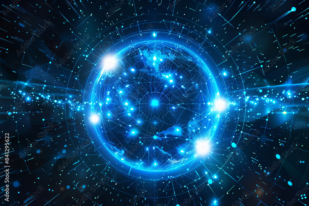 Obraz premium Technology abstract background - world in the middle surrounded by visualization of information, technology, network, internet, communication