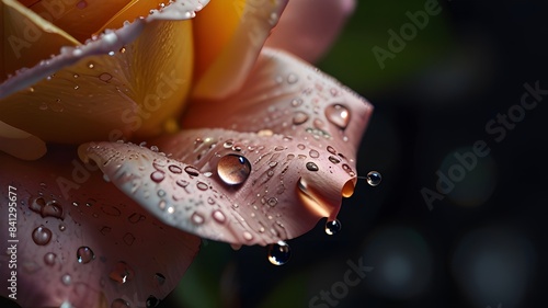 A close-up shot of a rose, with droplets of water delicately resting on its petals. The play of light and shadow on the surface of the flower creates a mesmerizing effect, making this a perfect subjec photo