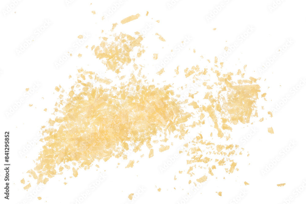grated parmesan cheese isolated on white background. Top view. Flat lay.