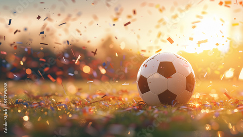 Fussball auf dem Spielfeld bei Sonnenuntergang