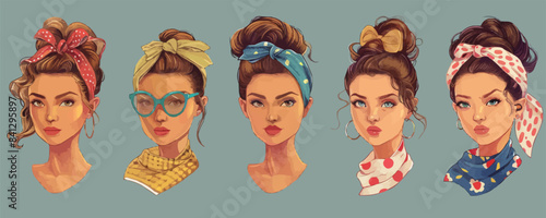 Cartoon retro women headband bandanas. Cartoon flat vector illustration