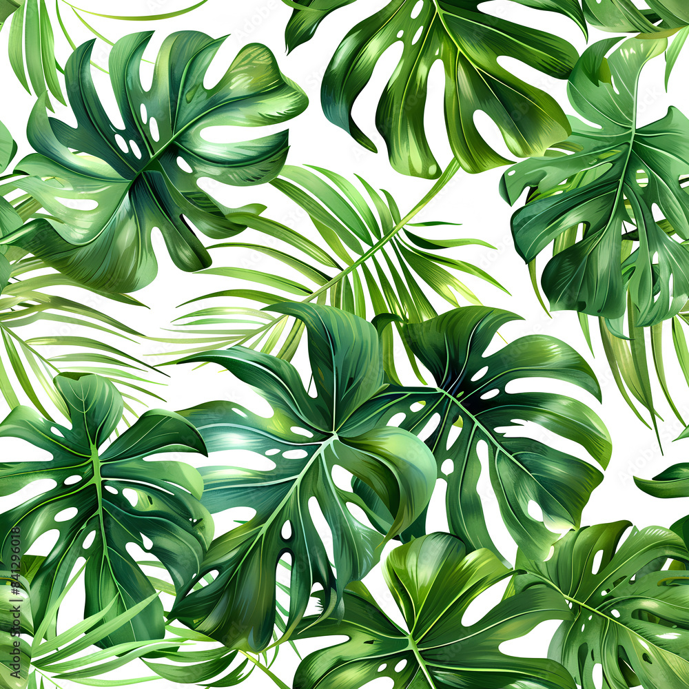 Monstera Leaves a Seamless Pattern on a White Background. Realistic Painted Still Lifes. Monstera Leaves a Seamless Pattern on a White Background. Realistic Painted Still Lifes.