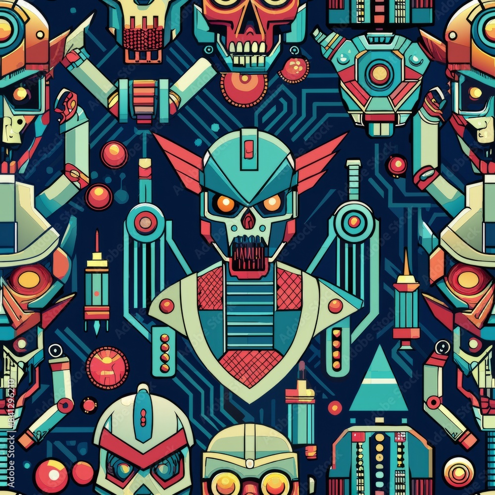 Fototapeta premium Seamless pattern of cybernetic implants and robotic enhancements, perfect for a futuristic sci-fi theme, Generative AI