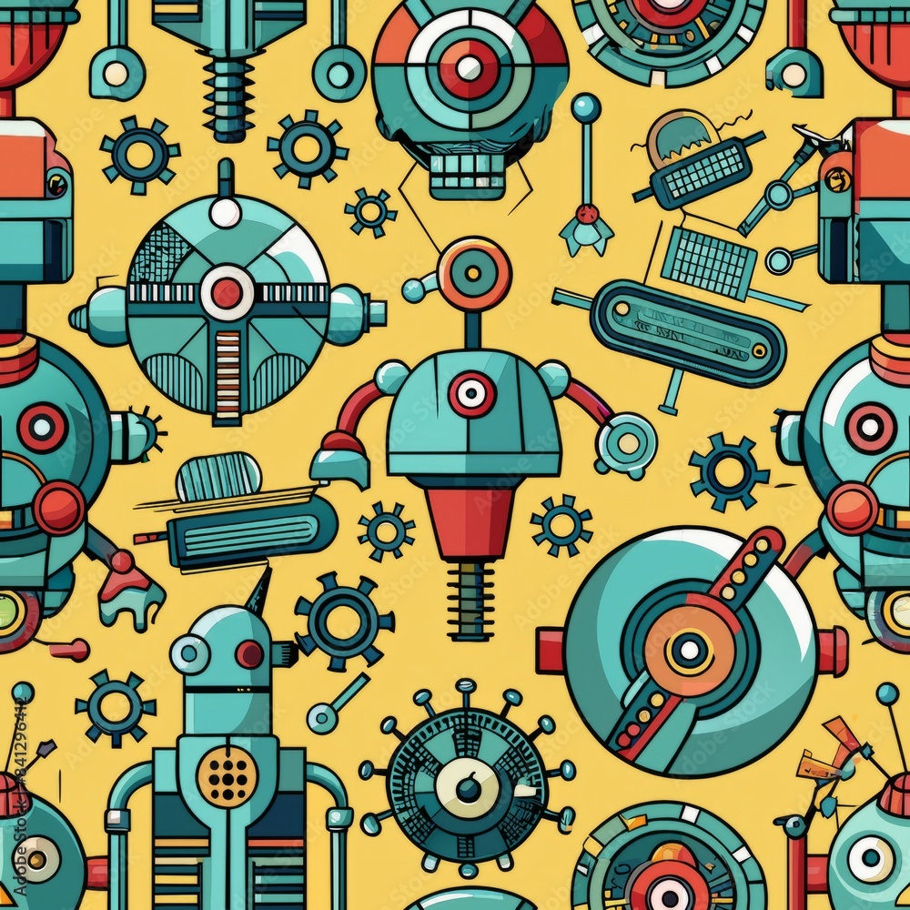 Fototapeta premium Seamless pattern of cybernetic implants and robotic enhancements, perfect for a futuristic sci-fi theme, Generative AI