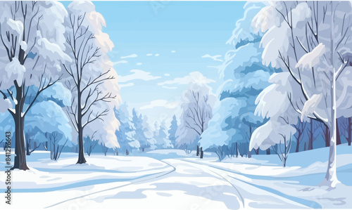 A snowy landscape with a road in the middle and trees on both sides