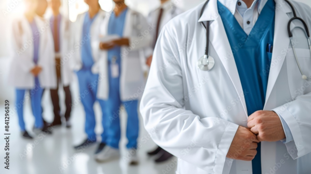 Close-up of a doctor in a white coat with a stethoscope, with a team of medical professionals in the background. Ideal for healthcare, teamwork, and medical professionalism concepts. Close-up of a doctor in a white coat with a stethoscope, with a team of medical professionals in the background. Ideal for healthcare, teamwork, and medical professionalism concepts.