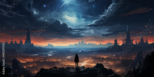 woman with sword standing on hill looking at the sacred stones against the background of the night sky, digital art style, illustration painting