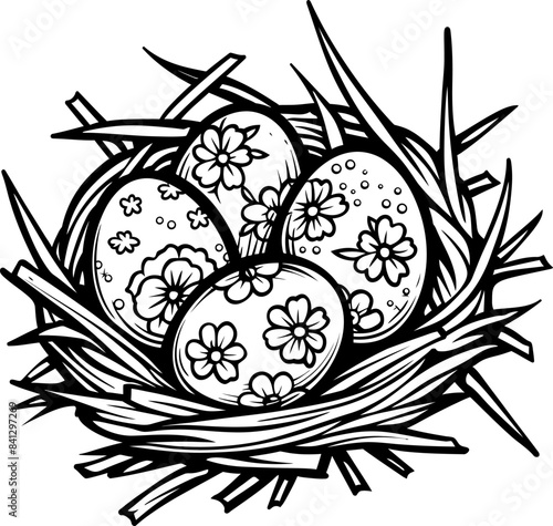 Easter eggs in nest silhouette icon in black color. Vector template design.