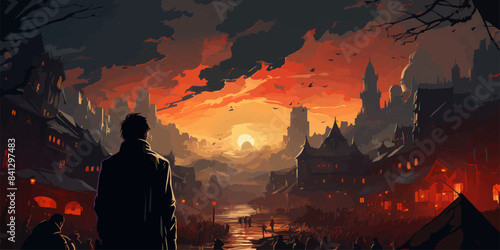 young man with gun looking at crowd of people in apocalyptic city, digital art style, illustration painting