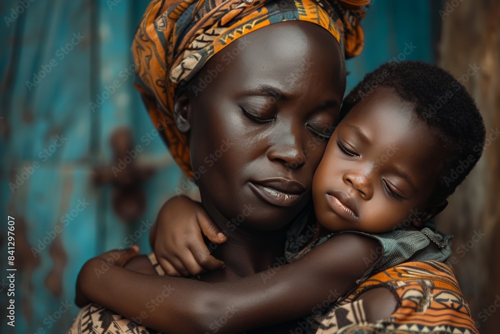 portrait of A beautiful woman hugging a black child in African village portrait of A beautiful woman hugging a black child in African village