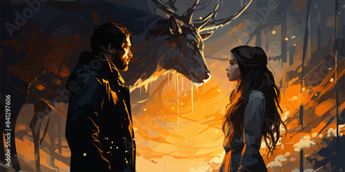 young woman and impala looking at each other, the legendary animal with light horns in the snow, digital art style, illustration painting