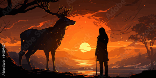 young woman and impala looking at each other, the legendary animal with light horns in the snow, digital art style, illustration painting