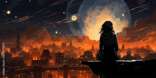 young woman with a glowing umbrella sitting on top of the building against the starry sky, digital art style, illustration painting