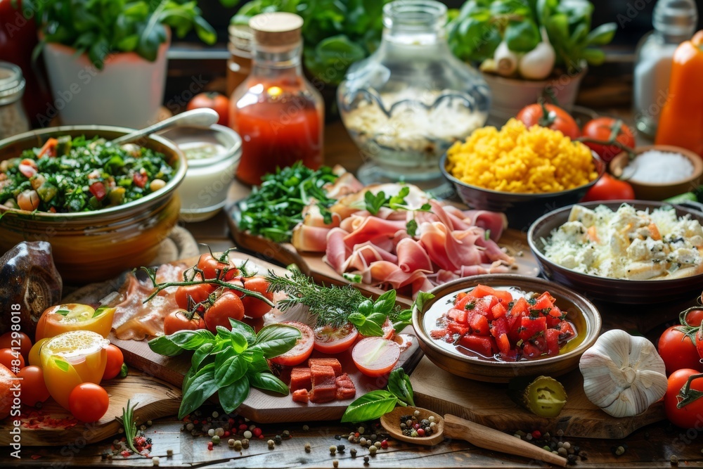 A delicious spread of gourmet food arranged artfully on a table, featuring colorful dishes and fresh ingredients. A delicious spread of gourmet food arranged artfully on a table, featuring colorful dishes and fresh ingredients.