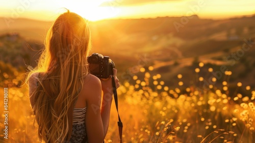 The picture of the professional photographer shooting the picture of nature with the camera and beautiful landscape under the sun light, cameraman require photography knowledge and creative. AIG43.