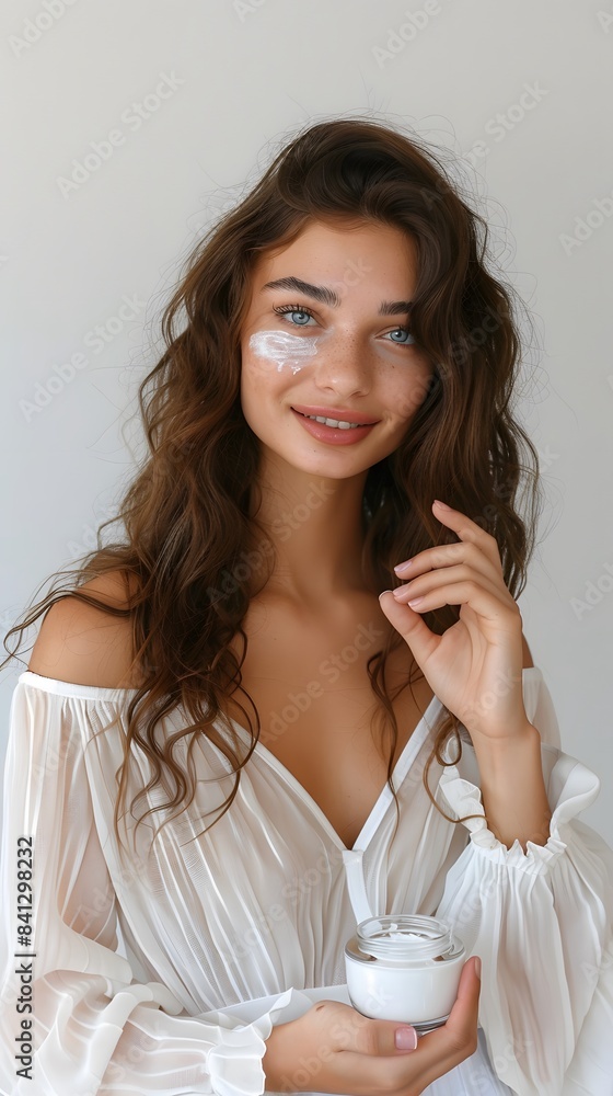 Beautiful smiling young woman with clean skin holding facial essential oil or serum with dropper, rejuvenation and skin care, white background Beautiful smiling young woman with clean skin holding facial essential oil or serum with dropper, rejuvenation and skin care, white background