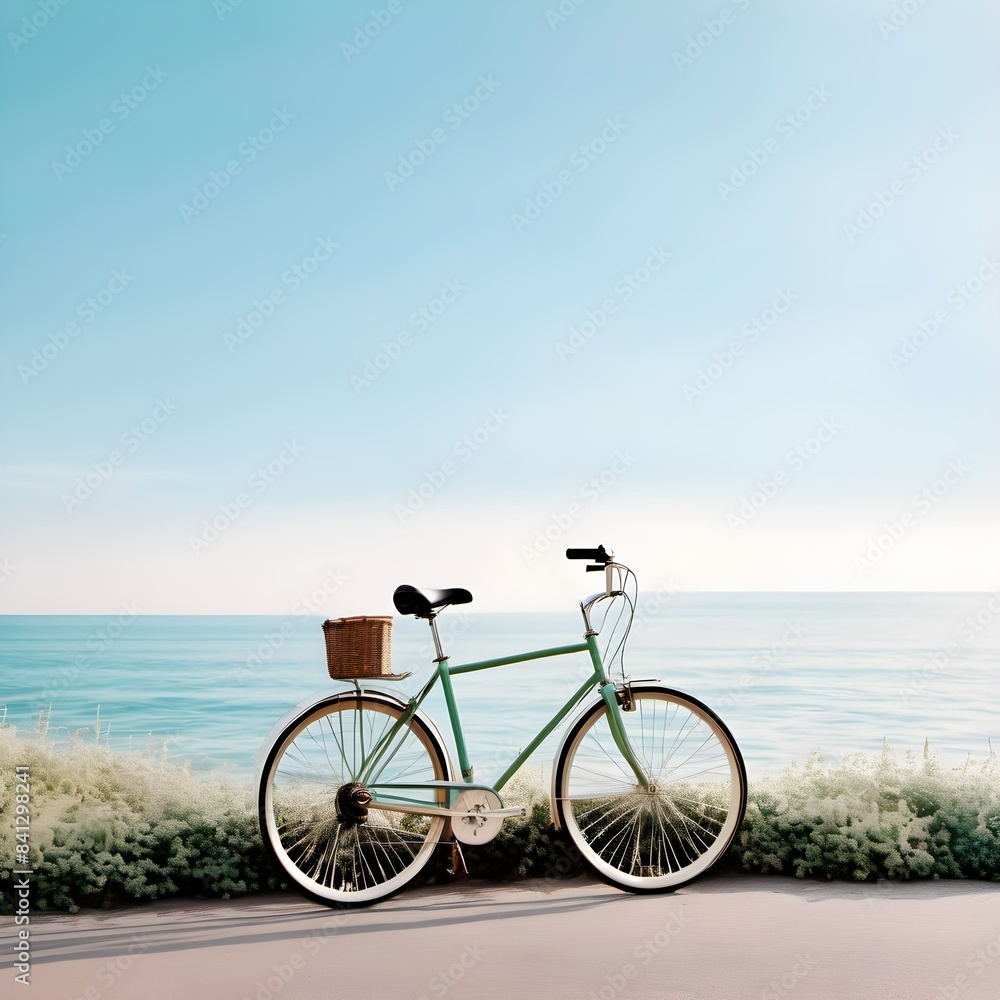 Fototapeta premium Summer Beach Ride: Cycling Along the Shore with a Clear Blue Sky