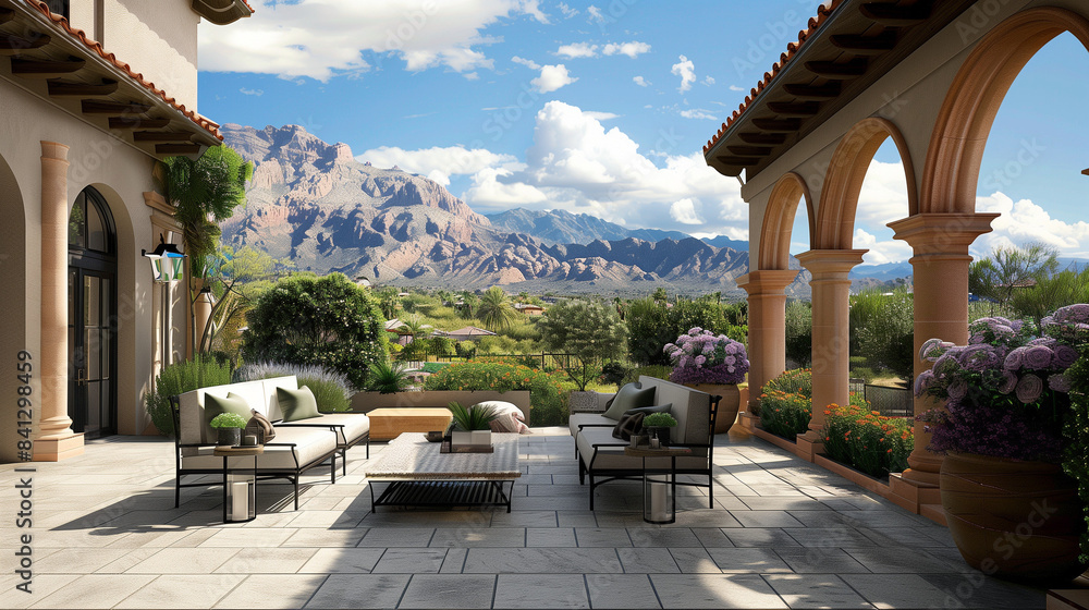 Obraz premium Mansion home outdoor plaza patio. Outdoor patio of an Arizona Italian mansion with mountains in background