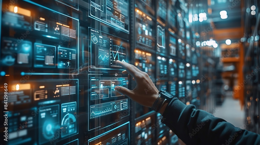 High-tech data center with digital interface and hand interaction High-tech data center with digital interface and hand interaction