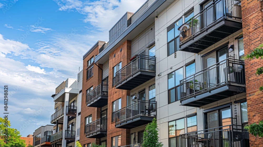Fototapeta premium Apartment building with rental signs, highlighting the residential options available for those seeking to rent in a bustling urban area