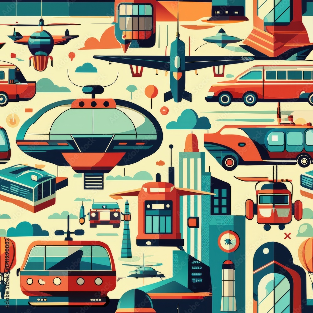 Naklejka premium Seamless pattern of futuristic transportation motifs like hovercars and drones, for a high-tech urban aesthetic, Generative AI