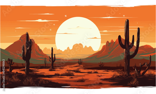 moonlit desert with cacti silhouettes vector simple isolated illustration