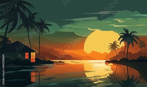 moonlit desert with cacti silhouettes vector simple isolated illustration