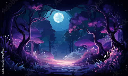 mystical forest with bioluminescent plants vector isolated illustration