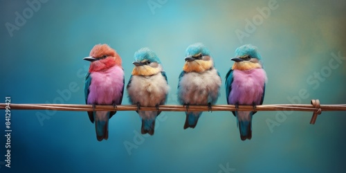 Four colorful birds are perched on a branch, with a soft blue background photo