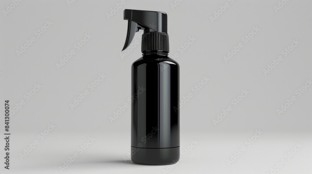 A close-up shot of a black spray bottle placed on a white background, perfect for commercial or editorial use A close-up shot of a black spray bottle placed on a white background, perfect for commercial or editorial use