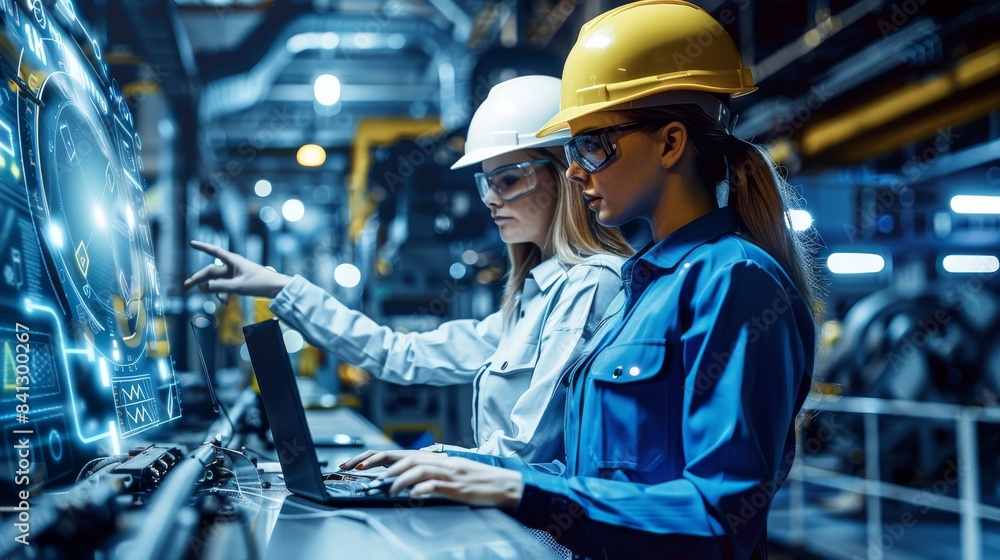Two industrial engineers in hard hats talk about a new project while using a laptop. they work at a heavy industry manufacturing factory. Generative AI. Two industrial engineers in hard hats talk about a new project while using a laptop. they work at a heavy industry manufacturing factory. Generative AI.