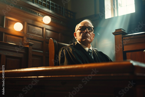 a man in a courtroom with a light shining through the window