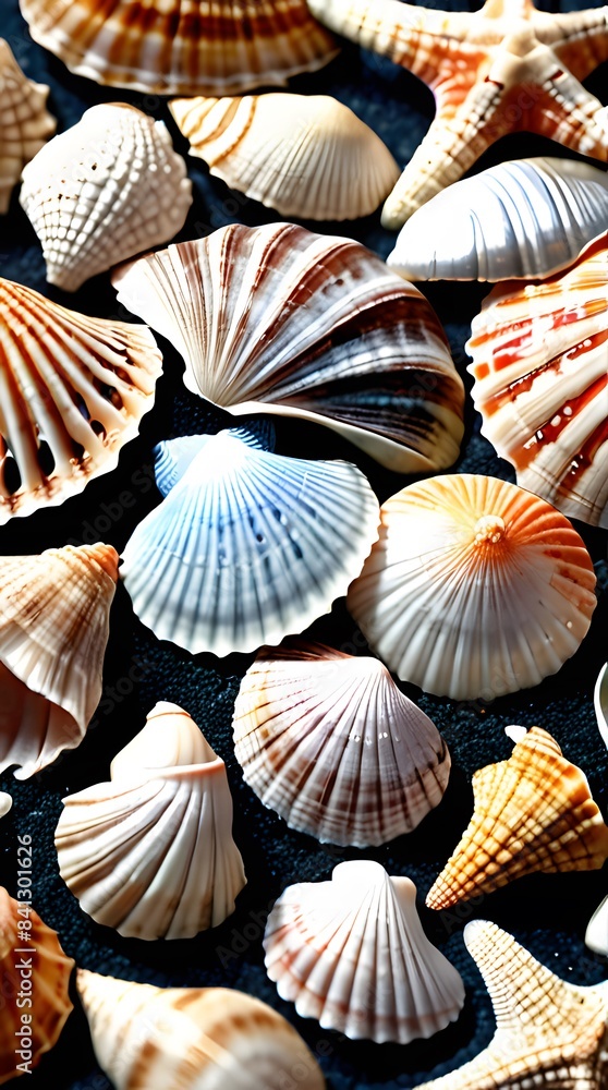 Seashells on a sandy beach with a marine summer vibe Seashells on a sandy beach with a marine summer vibe
