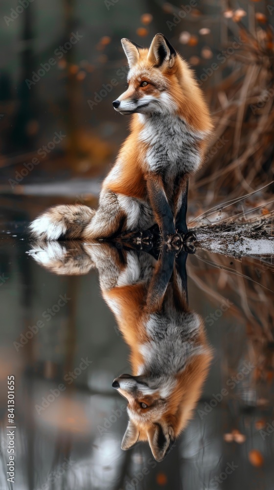 Obraz premium A fox with smooth fur sits by the river and looks at his reflection in the water.