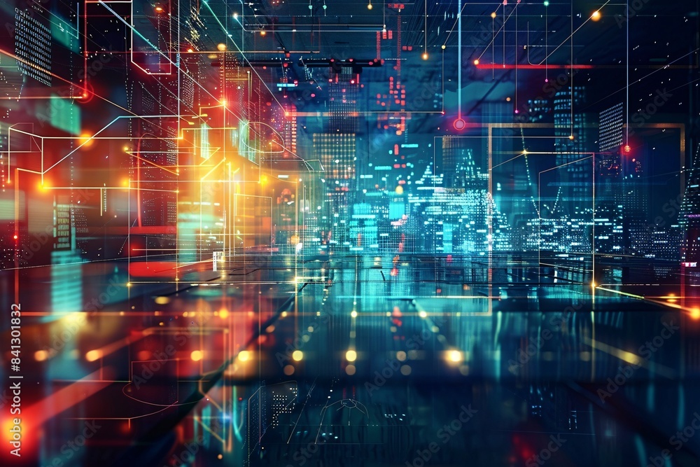 Contemporary open office with cyberpunk aesthetic, neon lighting, and tech overlays, blurred scene Contemporary open office with cyberpunk aesthetic, neon lighting, and tech overlays, blurred scene