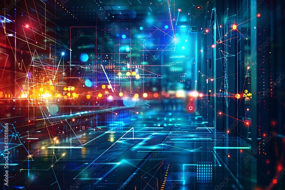 Contemporary open office with cyberpunk aesthetic, neon lighting, and tech overlays, blurred scene Contemporary open office with cyberpunk aesthetic, neon lighting, and tech overlays, blurred scene