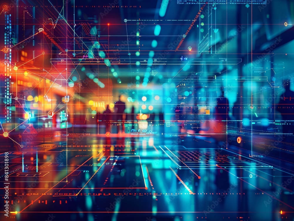 Modern office interior featuring neon cyberpunk design, IT elements overlay, and blurred employees Modern office interior featuring neon cyberpunk design, IT elements overlay, and blurred employees