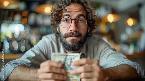 A man with a beard and glasses counts money in a dimly lit cafe. The focus is on his hands and the cash, while the background is blurred photo