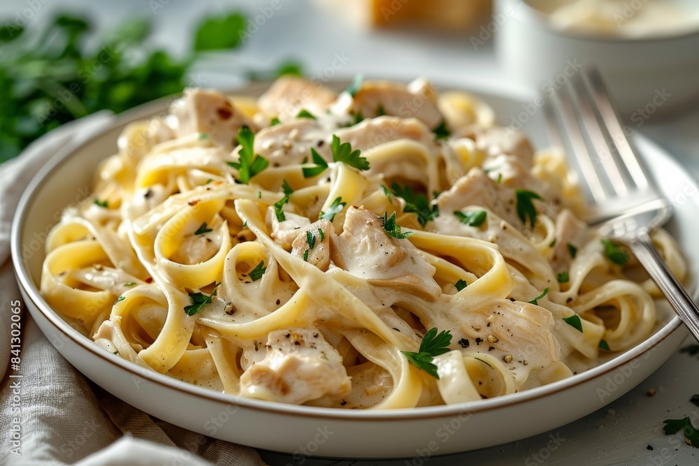 A white plate of fettuccine with chicken, covered in creamy al battleground sauce and garnished with fresh herbs. A white plate of fettuccine with chicken, covered in creamy al battleground sauce and garnished with fresh herbs.