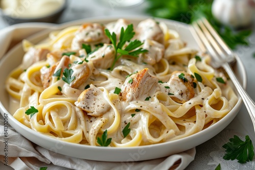 A white plate of fettuccine with chicken  covered in creamy al battleground sauce and garnished with fresh herbs. 