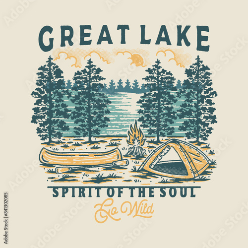 lake illustration canoe graphic camping design forest badge camp fire vintage outdoor
