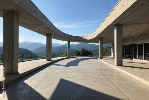 3D rendering of circular concrete viewing terrace with remote mountain background