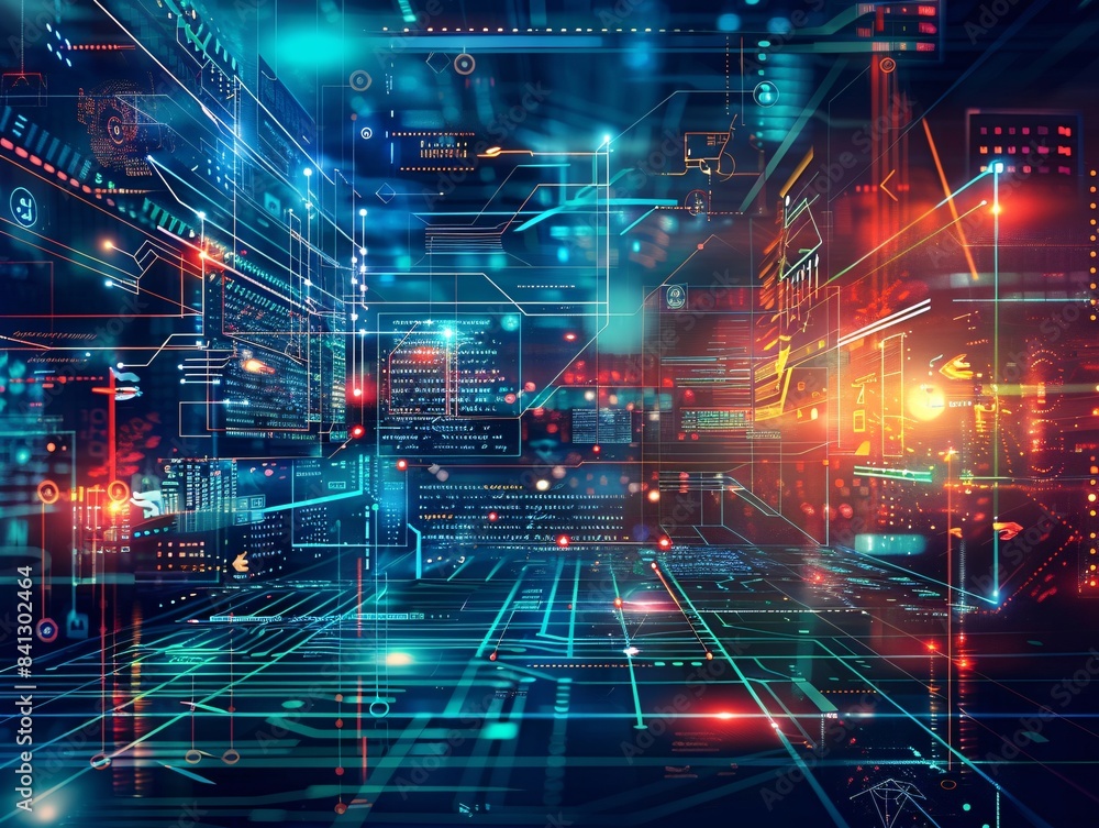 Cutting-edge office interior with cyberpunk design, neon accents, and IT overlays, blurred background Cutting-edge office interior with cyberpunk design, neon accents, and IT overlays, blurred background