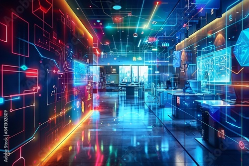 Sleek futuristic office with neon cyberpunk design  digital overlays  and blurred workstations