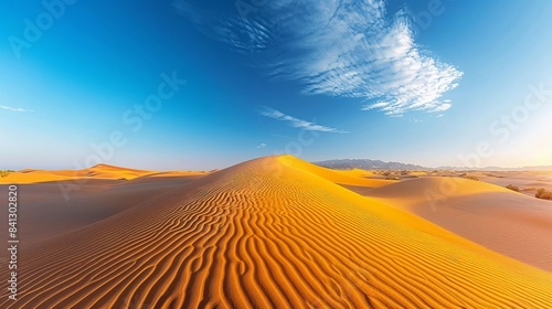 Golden sand dunes under a clear blue sky photo