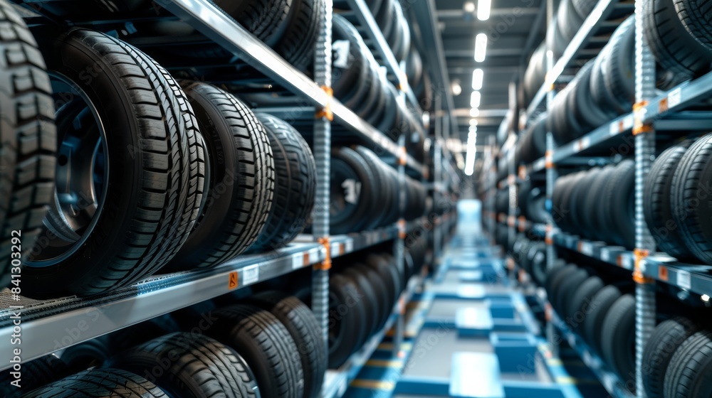 Fototapeta premium a car tire storage room with rows of tires displayed for easy access, highlighting organization in a service shop