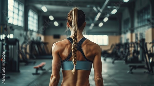 A woman wearing a blue sports bra stands in a gym, great for fitness and workout illustrations
